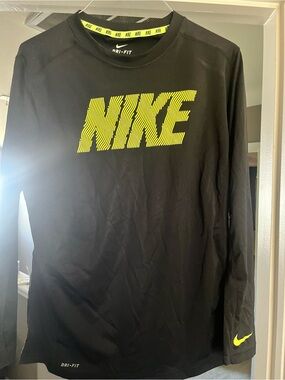 Nike Black Long Sleeve Dri-FIT Tee with Neon Yellow Logo